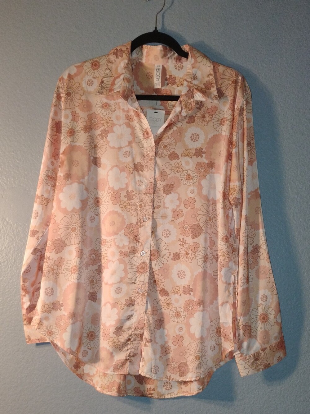 Floral Satin Button-Front Chemise in Peach by Unknown Brand